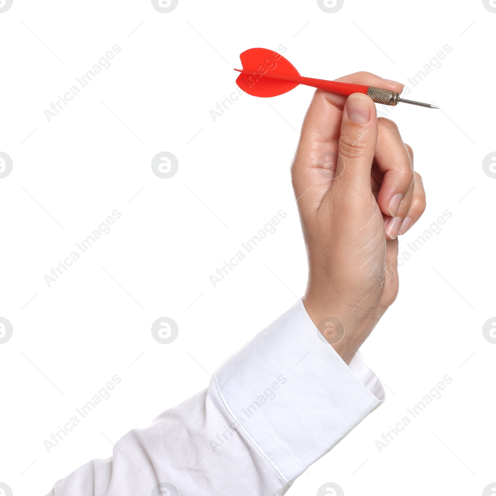 Targeting. Woman with dart on white background, closeup Photo of Targeting. Woman with dart on white background, closeup