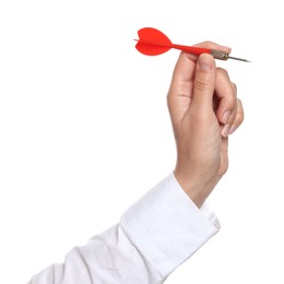 Photo of Targeting. Woman with dart on white background, closeup