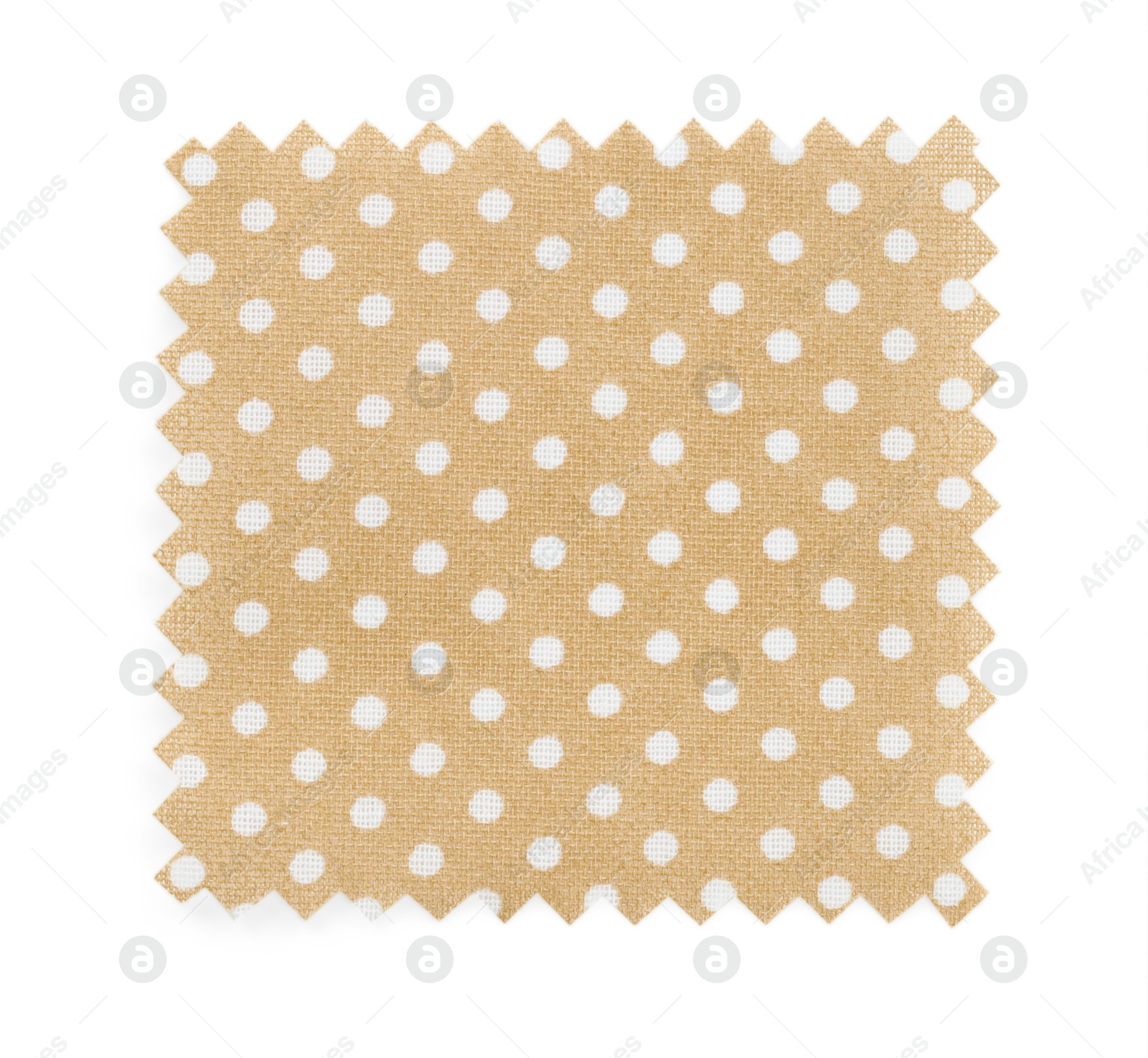 Sample of beige fabric with polka dot pattern isolated on white, top view Photo of Sample of beige fabric with polka dot pattern isolated on white, top view