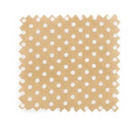 Photo of Sample of beige fabric with polka dot pattern isolated on white, top view