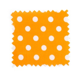 Photo of Sample of orange fabric with polka dot pattern isolated on white, top view