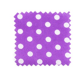 Photo of Sample of violet fabric with polka dot pattern isolated on white, top view