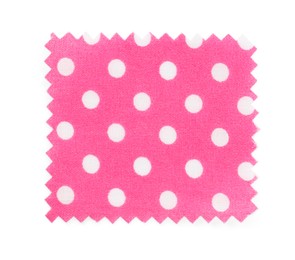 Photo of Sample of pink fabric with polka dot pattern isolated on white, top view