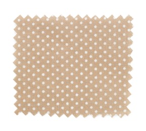 Photo of Sample of beige fabric with polka dot pattern isolated on white, top view