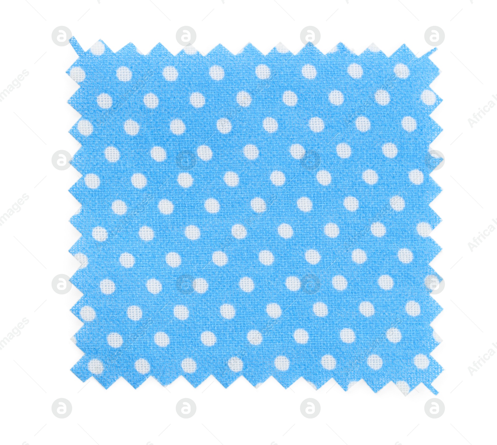 Sample of light blue fabric with polka dot pattern isolated on white, top view Photo of Sample of light blue fabric with polka dot pattern isolated on white, top view