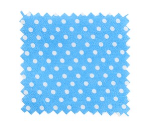 Photo of Sample of light blue fabric with polka dot pattern isolated on white, top view