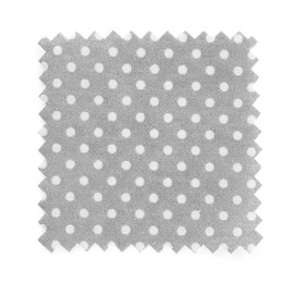Photo of Sample of grey fabric with polka dot pattern isolated on white, top view
