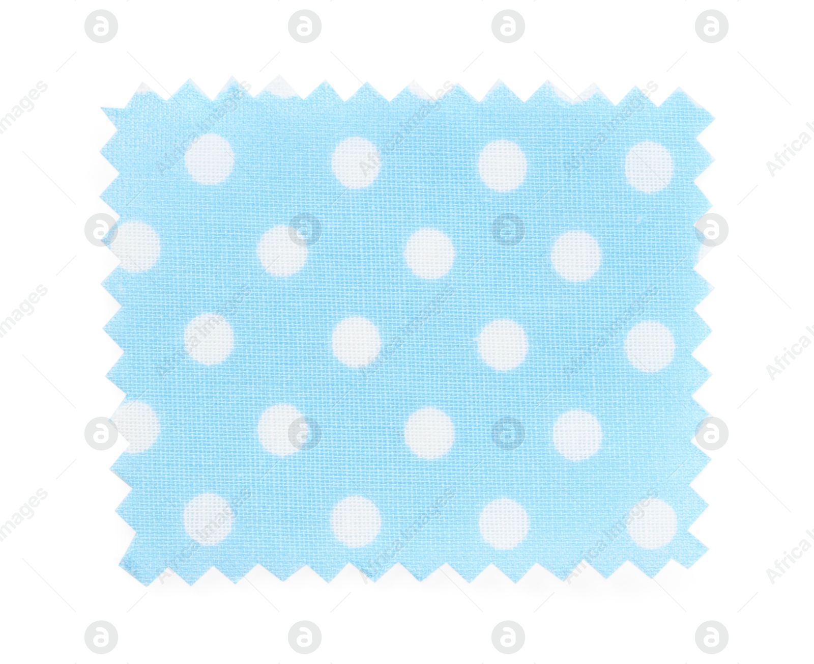 Sample of light blue fabric with polka dot pattern isolated on white, top view Photo of Sample of light blue fabric with polka dot pattern isolated on white, top view