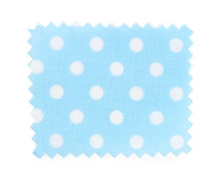Photo of Sample of light blue fabric with polka dot pattern isolated on white, top view