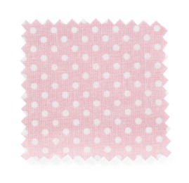 Photo of Sample of light pink fabric with polka dot pattern isolated on white, top view