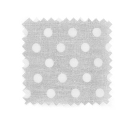 Photo of Sample of grey fabric with polka dot pattern isolated on white, top view