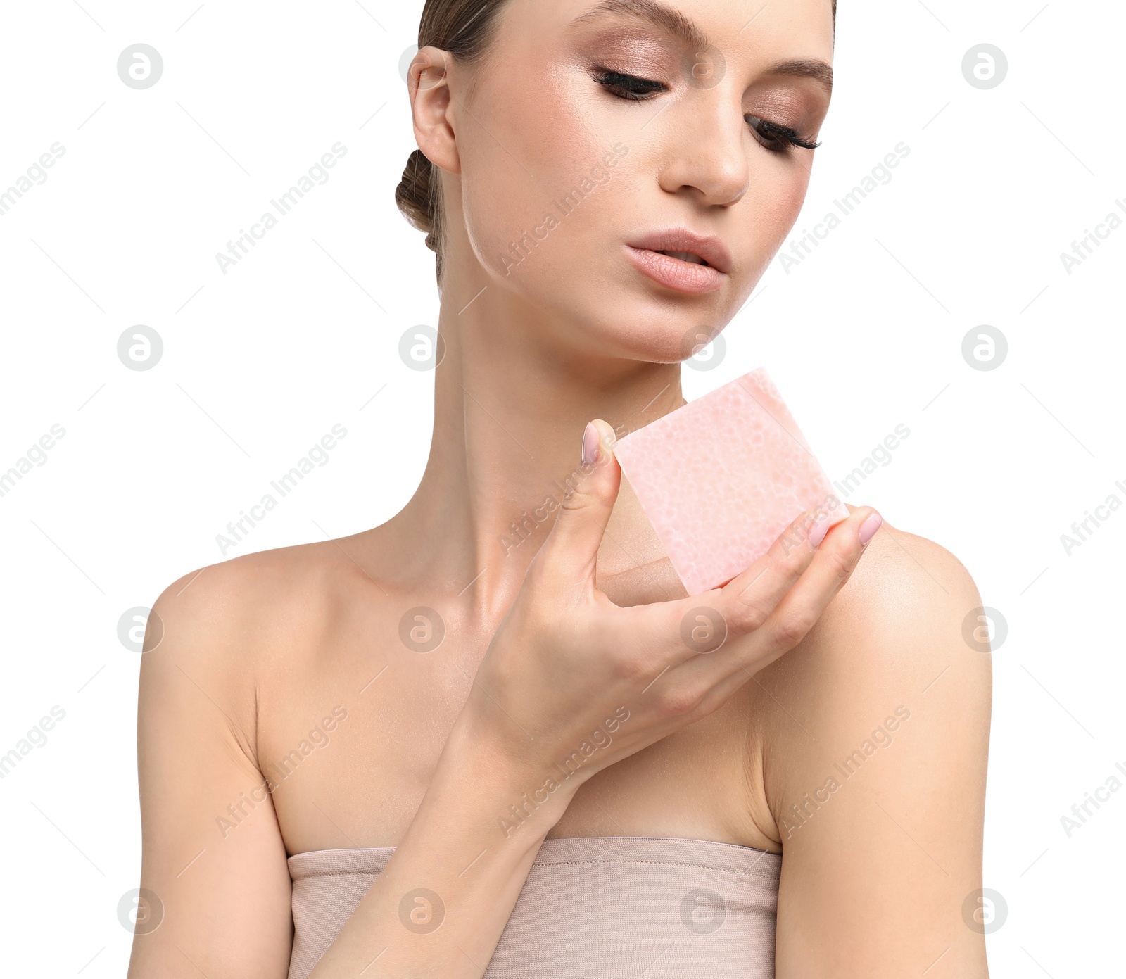 Beautiful woman with soap bar on white background Photo of Beautiful woman with soap bar on white background