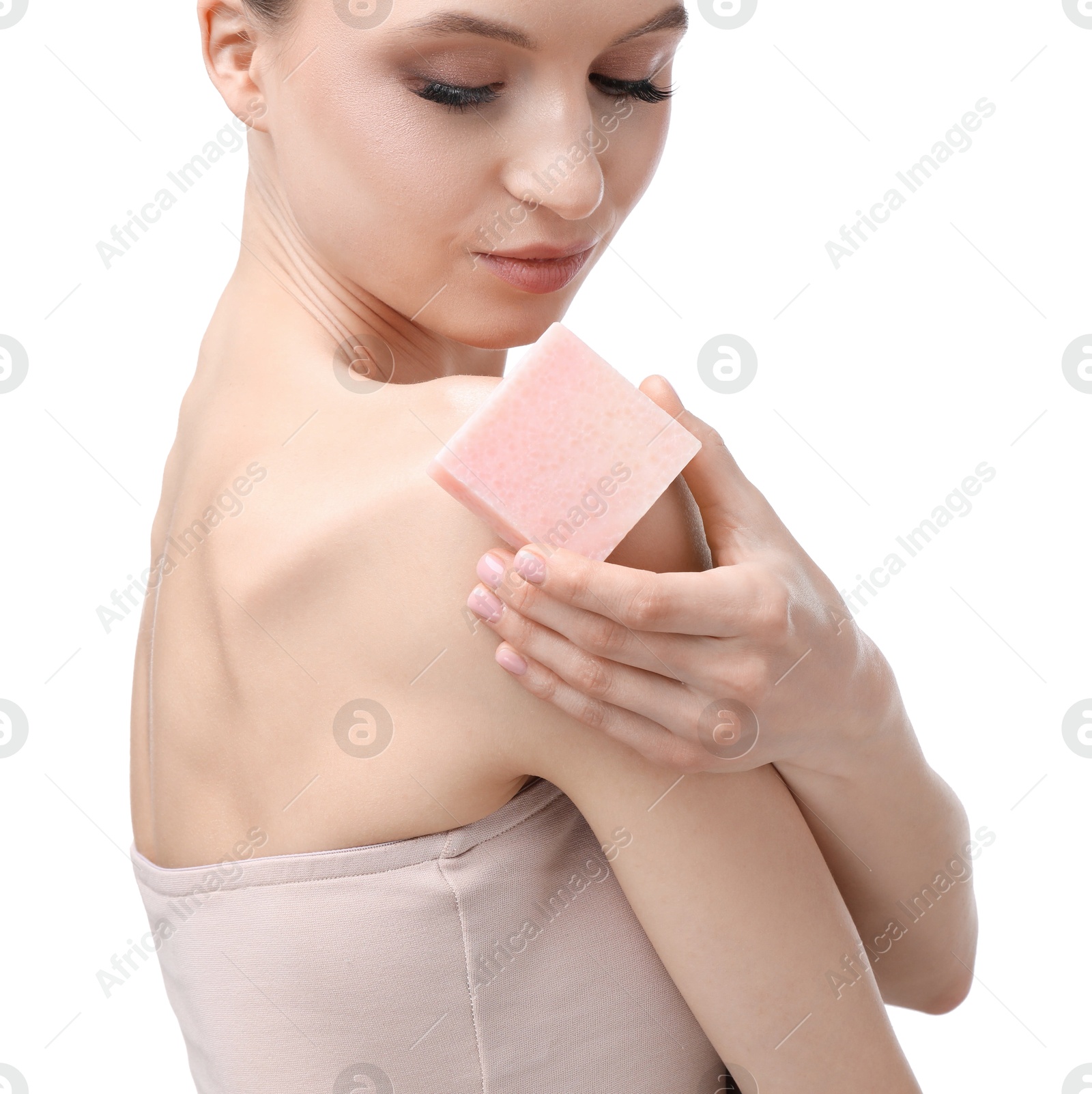 Beautiful woman with soap bar on white background, closeup Photo of Beautiful woman with soap bar on white background, closeup