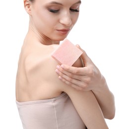 Photo of Beautiful woman with soap bar on white background, closeup