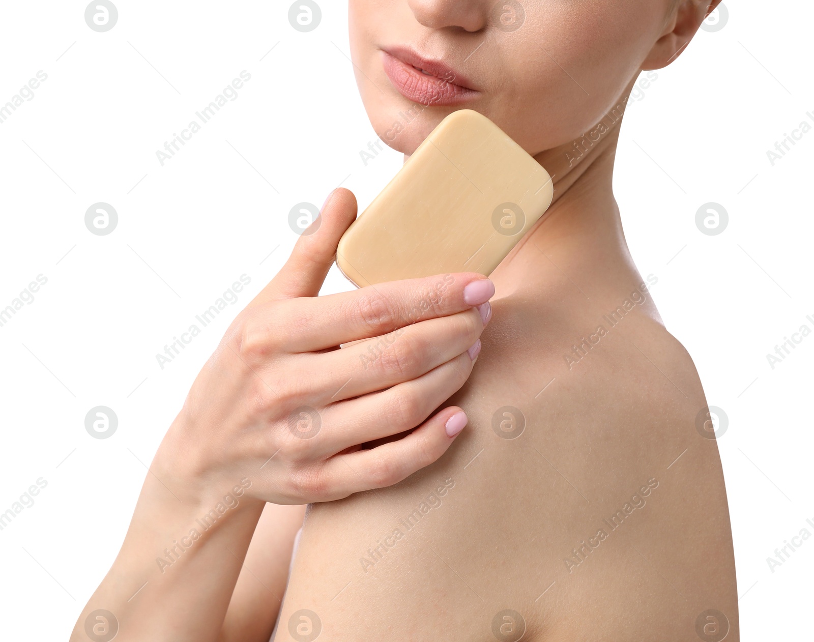 Woman with soap bar on white background, closeup Photo of Woman with soap bar on white background, closeup