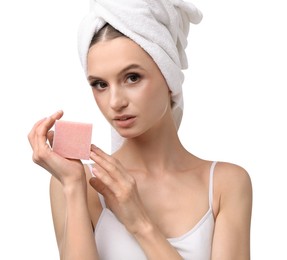 Photo of Beautiful woman with soap bar on white background