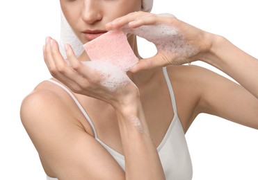 Photo of Woman with soap bar on white background, closeup