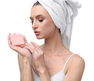 Photo of Beautiful woman with soap bar on white background