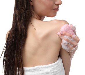 Photo of Woman washing body with soap bar on white background, closeup
