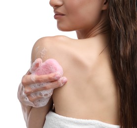 Photo of Woman washing body with soap bar on white background, closeup