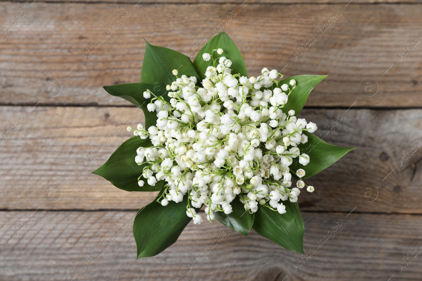 Bouquet of beautiful lily-of-the-valley flowers on wooden background, top view Photo of Bouquet of beautiful lily-of-the-valley flowers on wooden background, top view