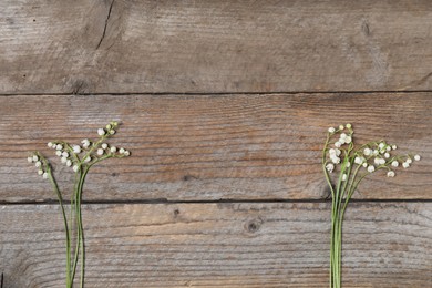 Photo of Beautiful lily-of-the-valley flowers on white wooden background, flat lay. Space for text