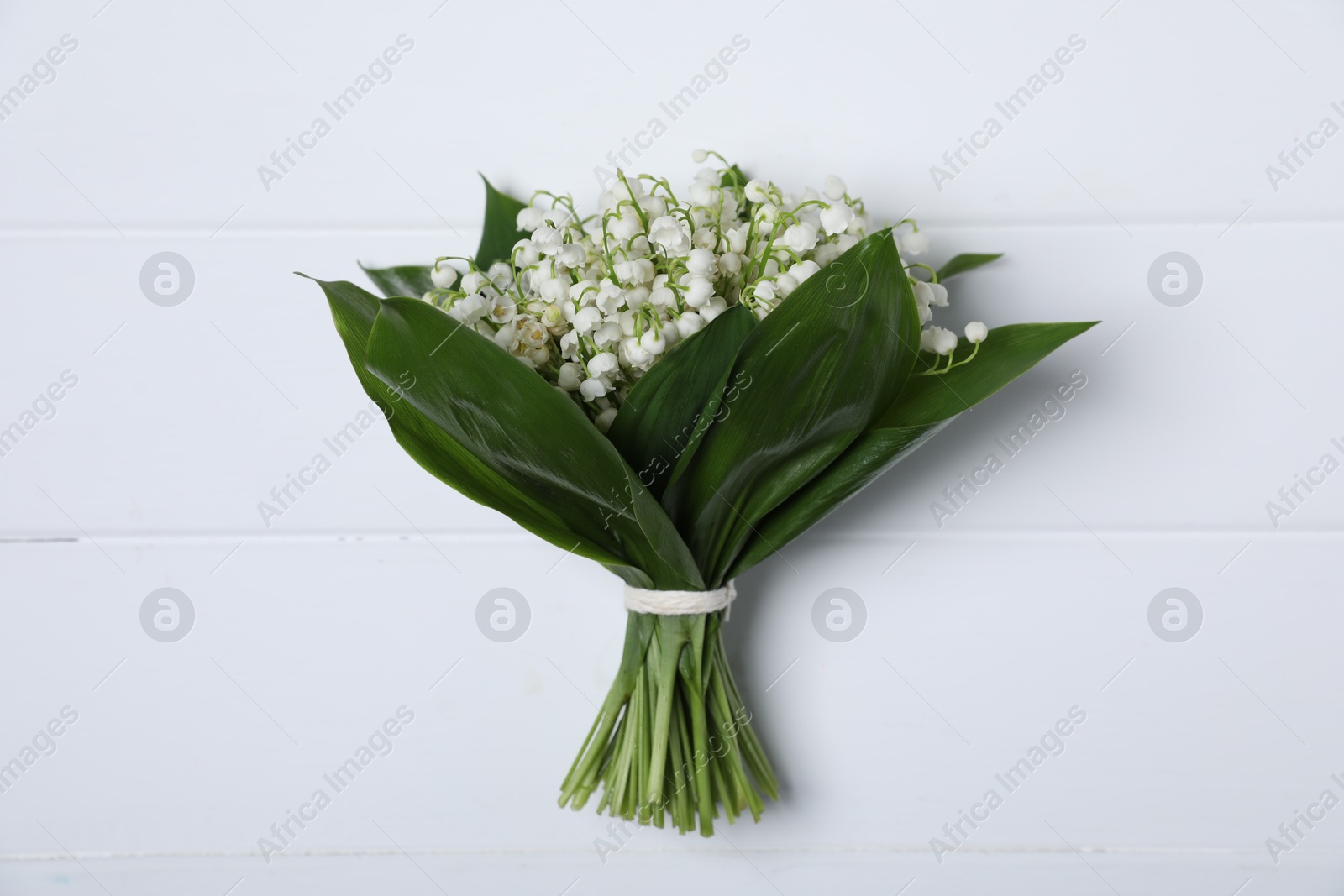 Bouquet of beautiful lily-of-the-valley flowers on white wooden background, top view Photo of Bouquet of beautiful lily-of-the-valley flowers on white wooden background, top view
