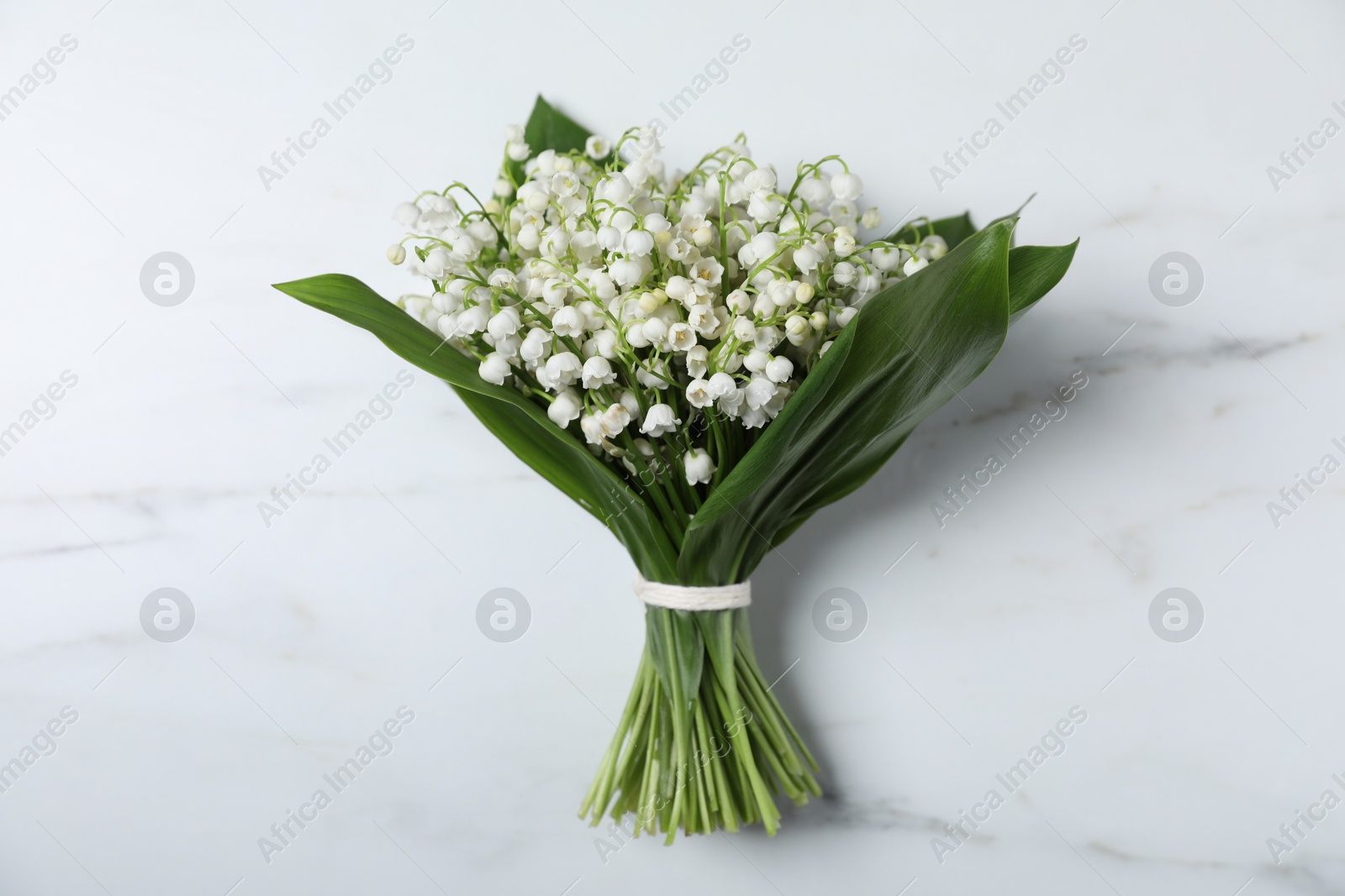 Bouquet of beautiful lily-of-the-valley flowers on white marble background, top view Photo of Bouquet of beautiful lily-of-the-valley flowers on white marble background, top view