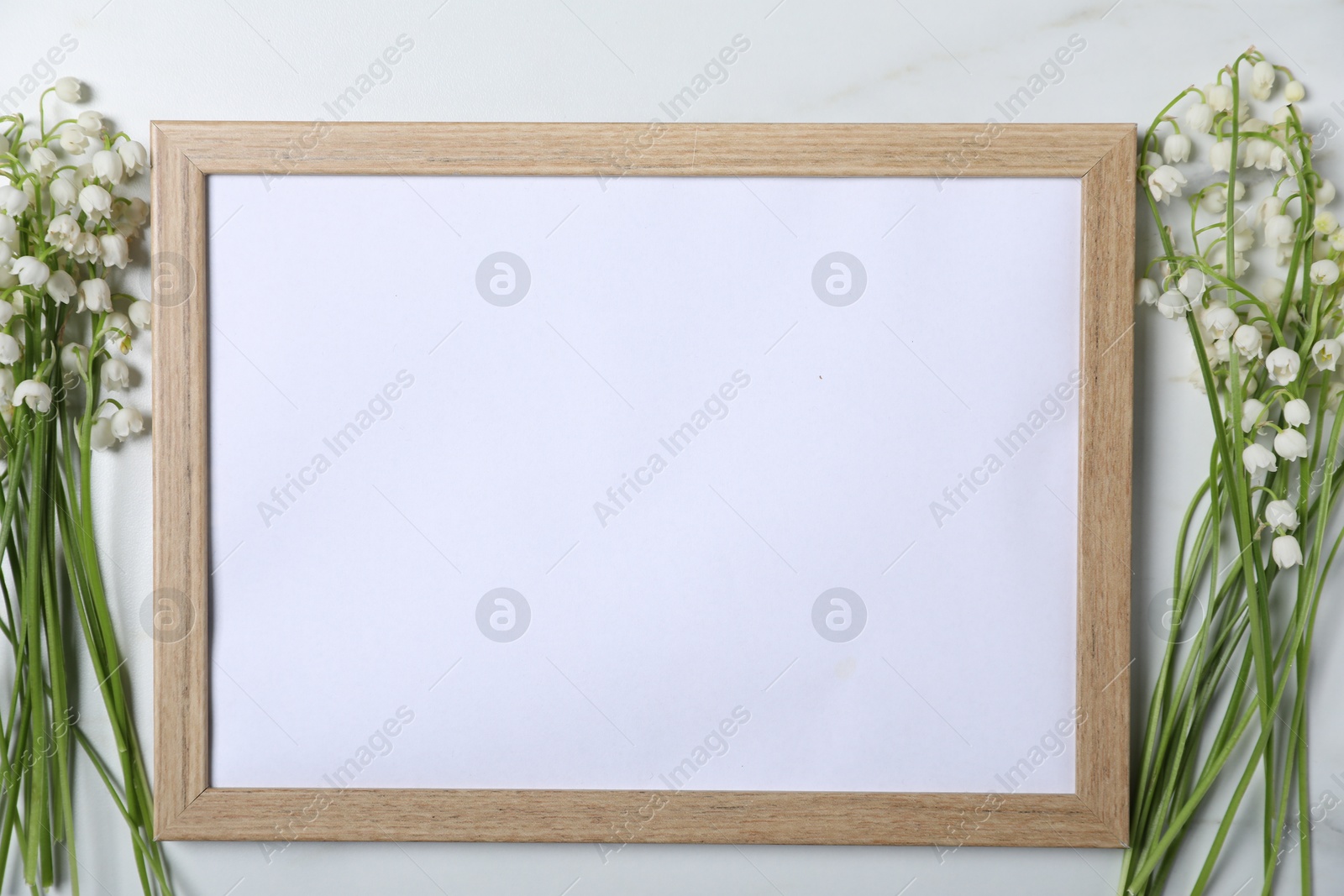Beautiful lily-of-the-valley flowers and blank frame on white marble background, flat lay. Space for text Photo of Beautiful lily-of-the-valley flowers and blank frame on white marble background, flat lay. Space for text