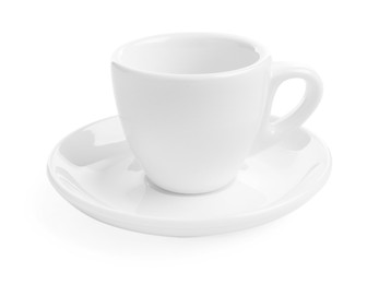 Photo of Empty coffee cup with saucer isolated on white