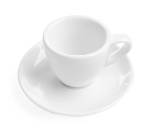 Photo of Empty coffee cup with saucer isolated on white