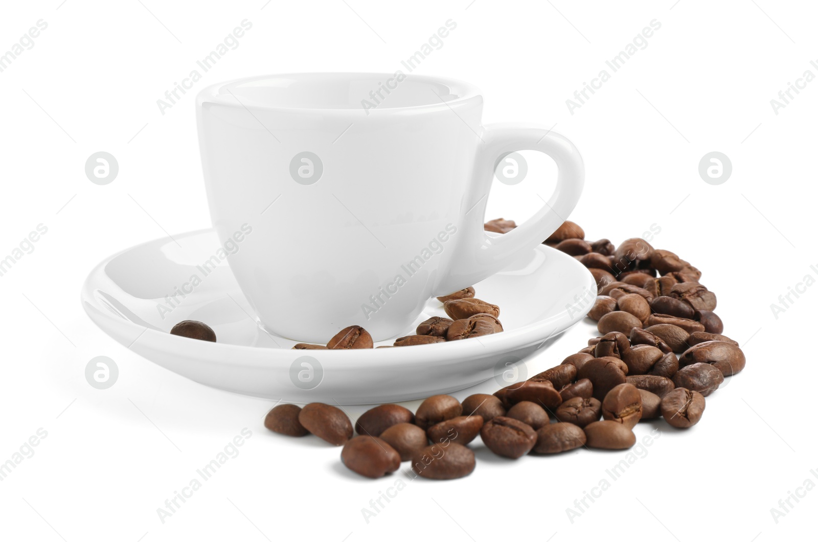 Ceramic cup with roasted coffee beans isolated on white Photo of Ceramic cup with roasted coffee beans isolated on white