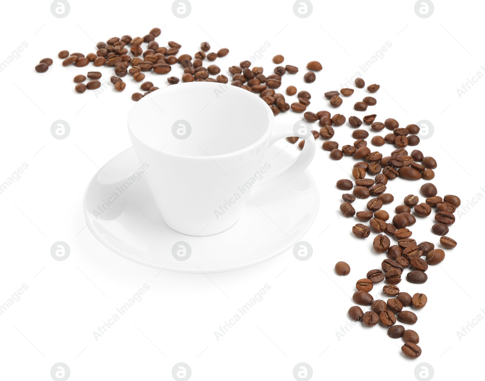 Ceramic cup with roasted coffee beans isolated on white Photo of Ceramic cup with roasted coffee beans isolated on white