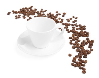 Photo of Ceramic cup with roasted coffee beans isolated on white