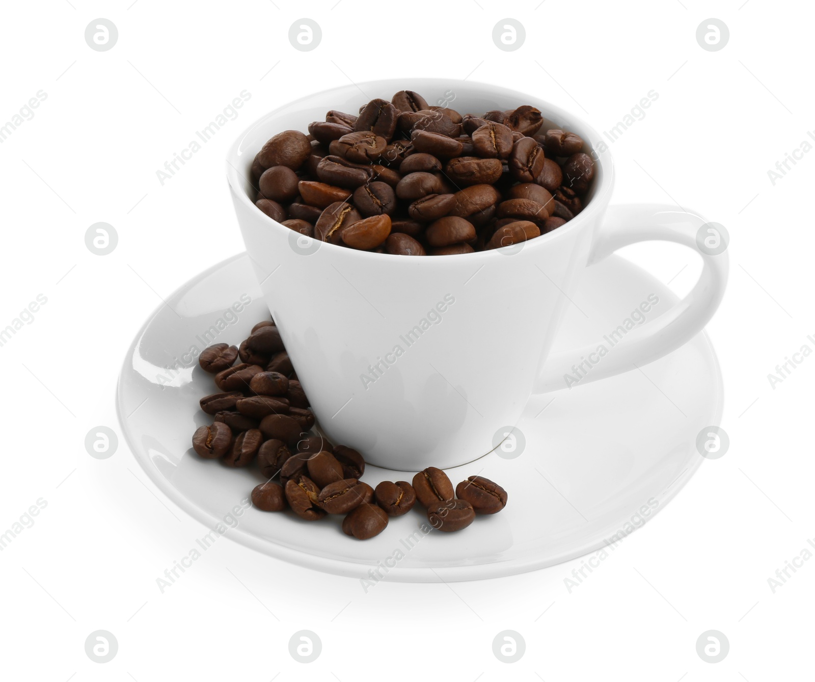 Ceramic cup with roasted coffee beans isolated on white Photo of Ceramic cup with roasted coffee beans isolated on white