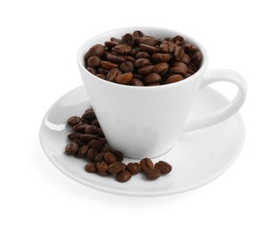 Photo of Ceramic cup with roasted coffee beans isolated on white