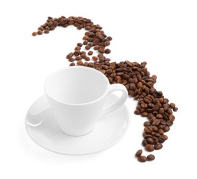 Photo of Ceramic cup with roasted coffee beans isolated on white