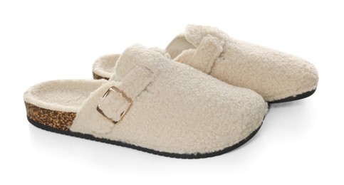 Photo of Pair of stylish slippers isolated on white