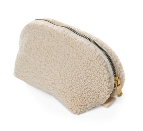 Photo of One fluffy cosmetic bag isolated on white