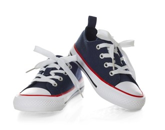 Photo of Pair of stylish dark blue sneakers isolated on white