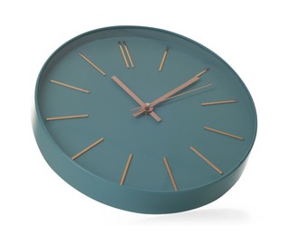 Photo of Stylish blue round clock isolated on white