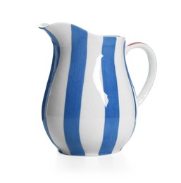 Photo of One striped ceramic jug isolated on white