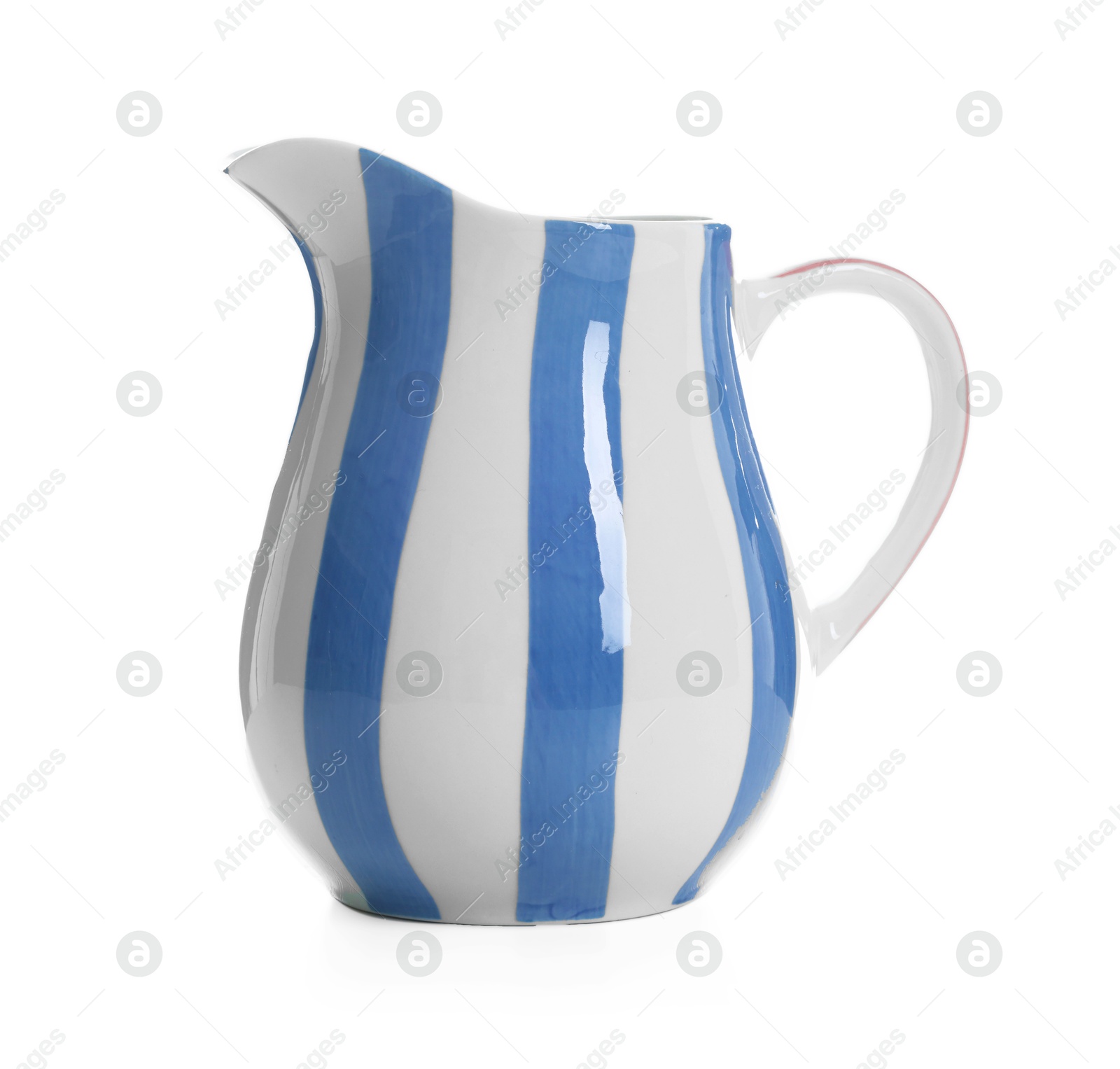 One striped ceramic jug isolated on white Photo of One striped ceramic jug isolated on white