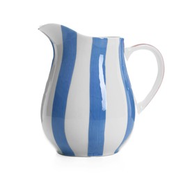 Photo of One striped ceramic jug isolated on white