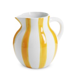 Photo of One striped ceramic jug isolated on white