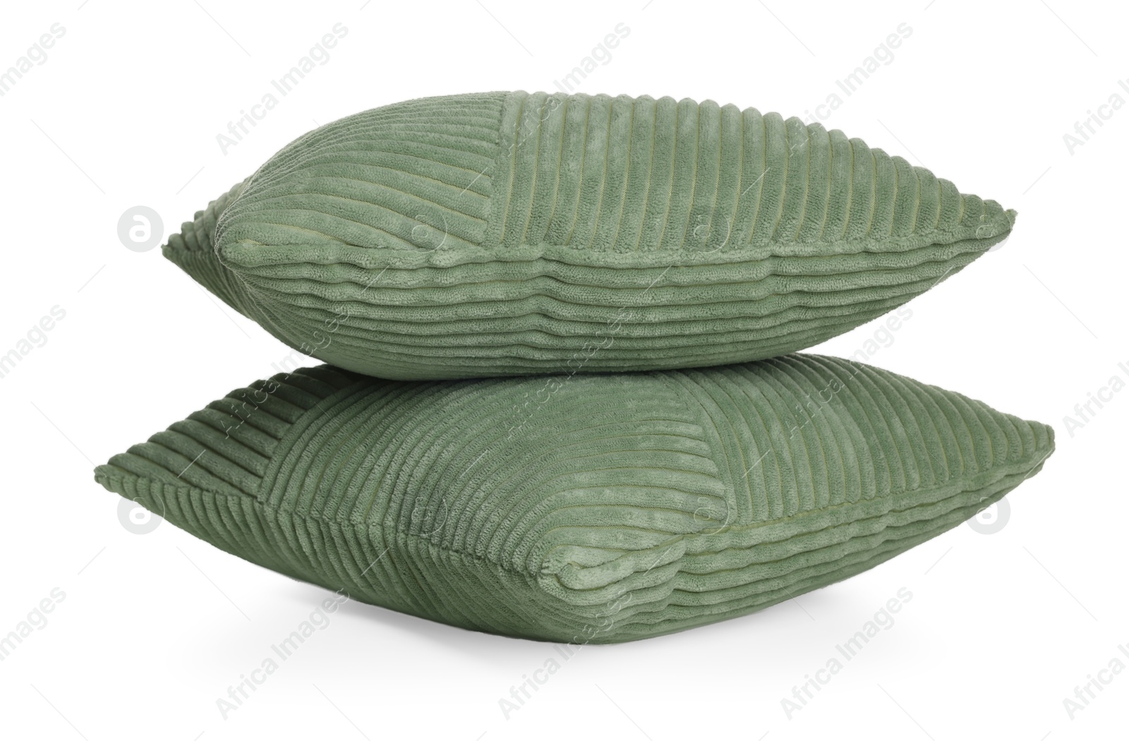 Two stylish green cushions isolated on white Photo of Two stylish green cushions isolated on white