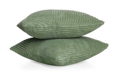 Photo of Two stylish green cushions isolated on white