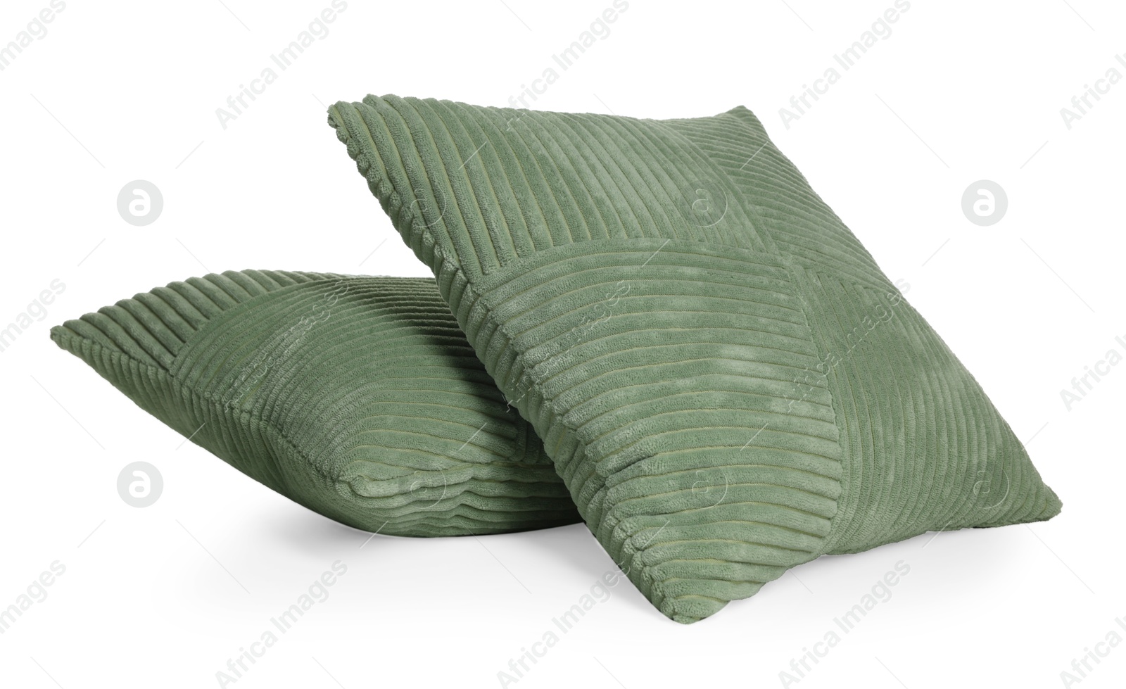 Two stylish green cushions isolated on white Photo of Two stylish green cushions isolated on white