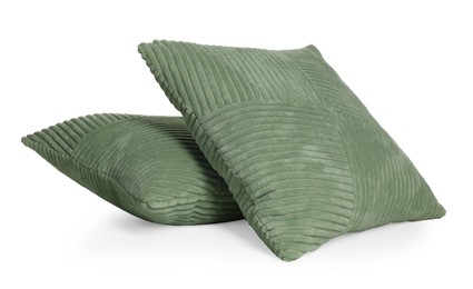 Photo of Two stylish green cushions isolated on white