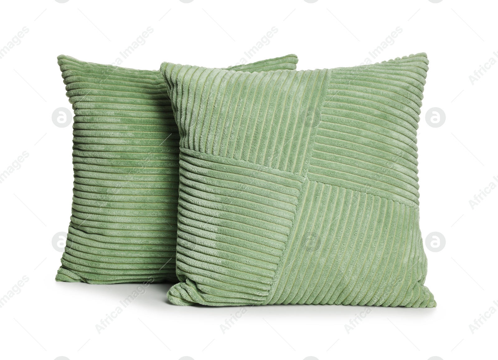 Two stylish green cushions isolated on white Photo of Two stylish green cushions isolated on white